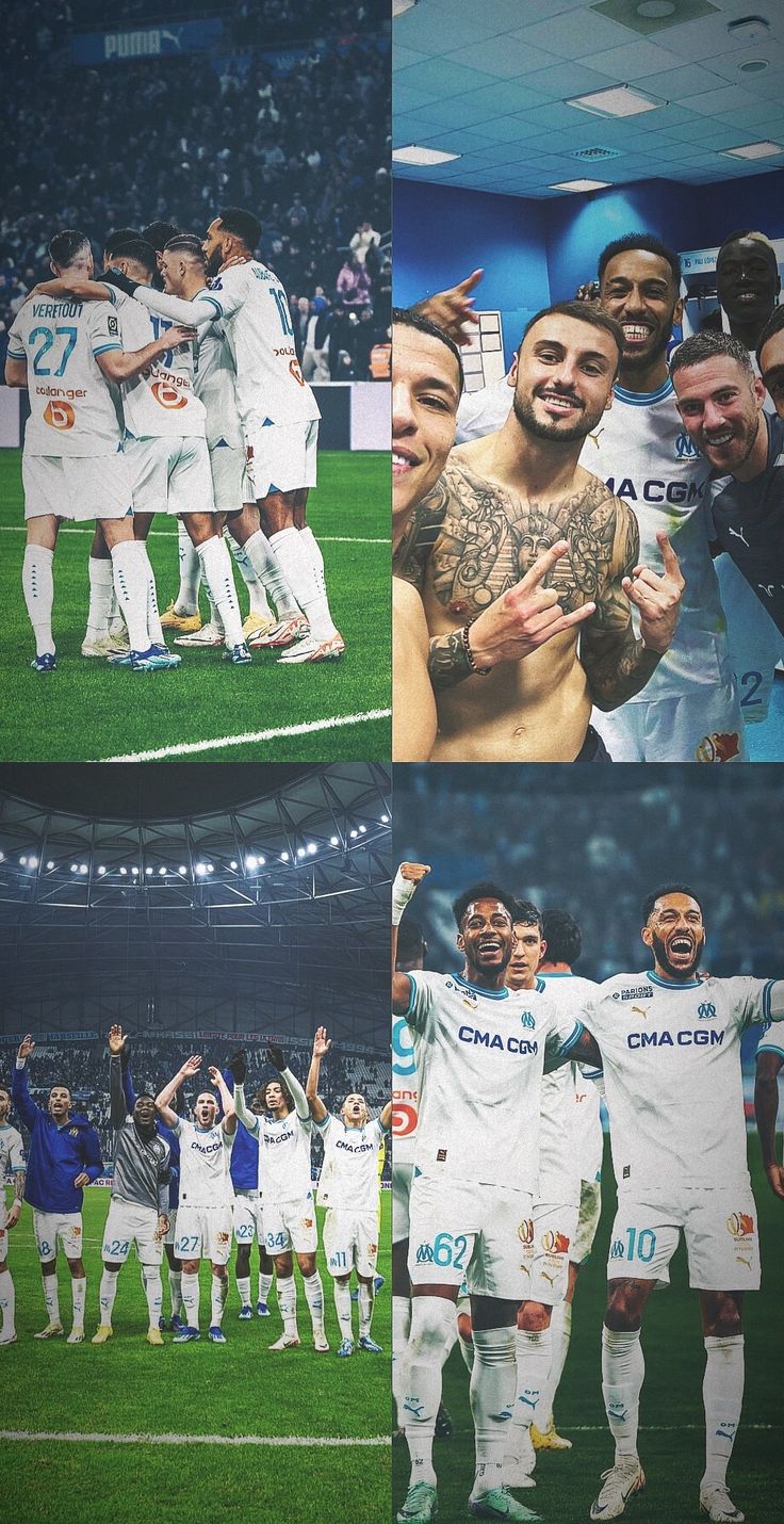 the players are posing for pictures in front of an audience at a soccer game, and one is holding his hands up to his chest