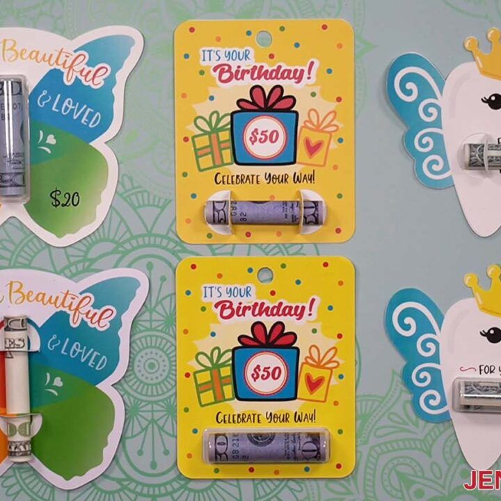 four birthday gift tags with toothbrushes, batteries and lighters attached to them