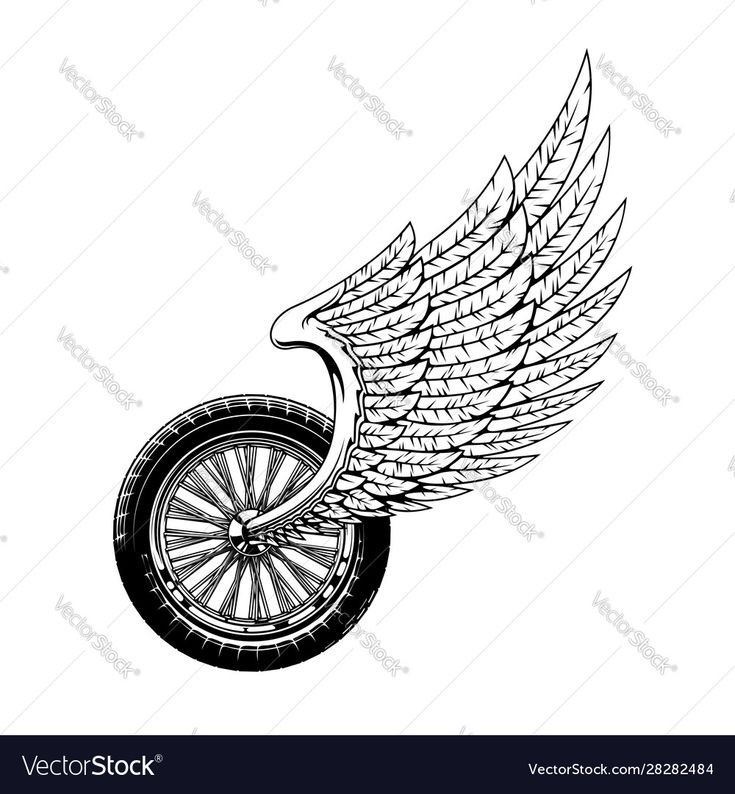 an angel wings on the wheel of a motorcycle or scooter in black and white