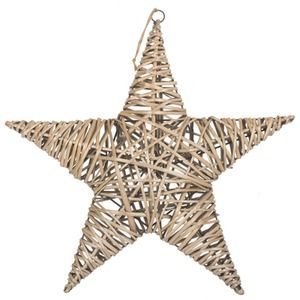 a wicker star ornament hanging from a string