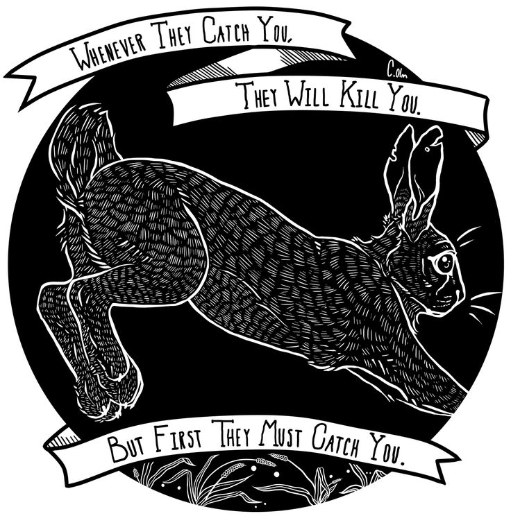 a black and white drawing of a rabbit in the middle of a circle with words on it