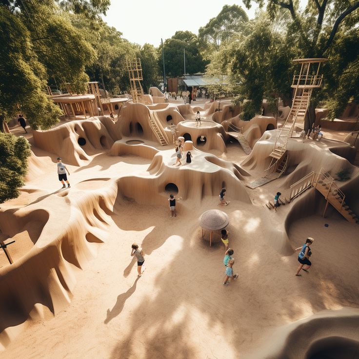 children playing in an outdoor play area made out of sand and rocks, surrounded by trees