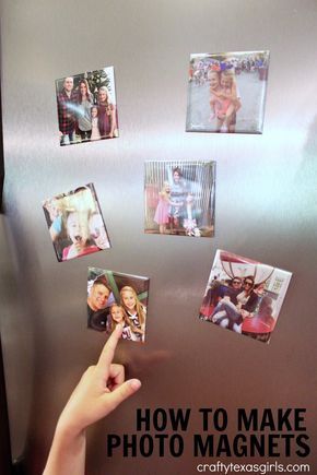 a hand pointing at pictures on the refrigerator's magnets that say how to make photo magnets