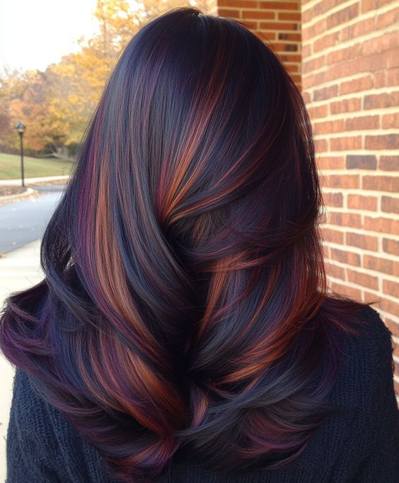 Red Highlights On Dark Hair With Bangs, Dark Red Hair With Orange Highlights, Black Hair Auburn Highlights, Deep Red Highlights On Dark Hair, Black Hair With Auburn Highlights, Dark Hair With Copper Highlights, Black Hair With Copper Highlights, Red Hair With Silver Highlights, Black And Copper Hair