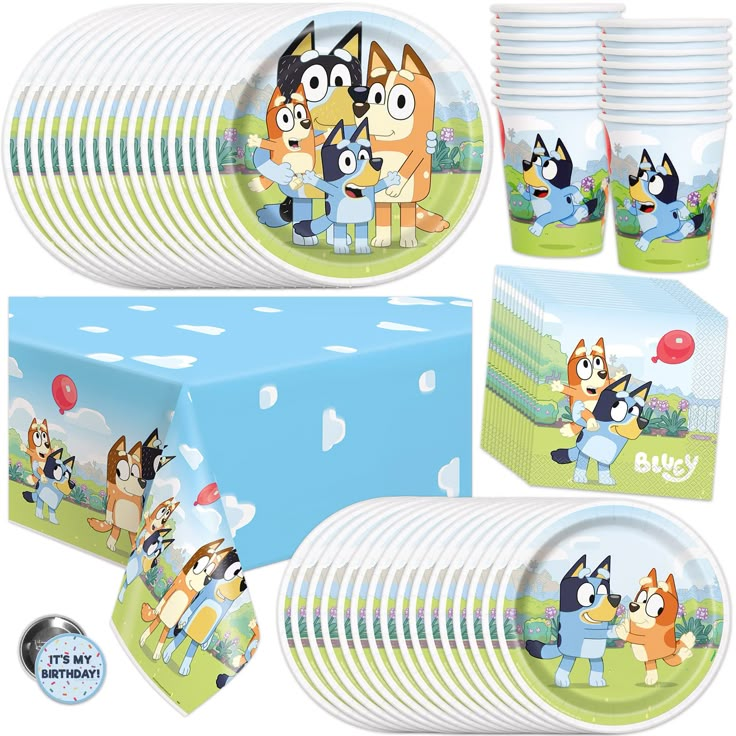 an assortment of party supplies including plates, napkins and cups with cartoon dogs on them