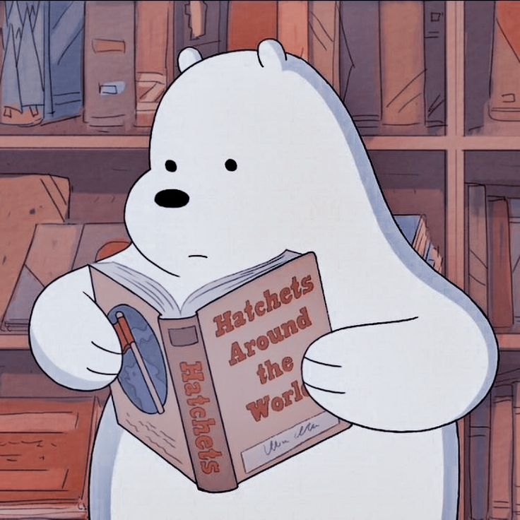 a polar bear reading a book in front of bookshelves