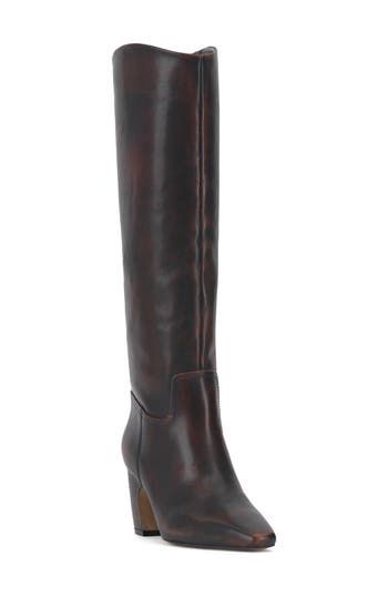 A minimalist design brings wardrobe-spanning versatility to this leather knee-high boot framed with a snipped toe and sculptural setback heel. 3" heel 15 1/4" shaft; 15" regular calf circumference 15 1/4" shaft; 16" wide calf circumference Inset side-zip closure Leather upper/synthetic lining/rubber sole Imported Brown Heeled Boots With Leather Lining For Work, Brown High Heel Knee-high Boots For Work, Leather Tall Heeled Boots For Work, Tall Leather Heeled Boots For Workwear, Formal Brown High Shaft Heeled Boots, Modern Brown Heeled Boots For Work, Sleek Knee-high Boots With Leather Lining For Fall, Brown Block Heel Knee-high Boots For Work, Modern Knee-high Boots With Stacked Heel For Work