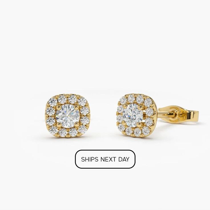 "Diamond Studs / Halo Earrings / Diamond Stud Halo Earrings in 14k Gold/  Cushion Cut Shape Diamond Stud Earrings Features * Made to Order.  * Gold KT: 14K * Custom Gold Color: Rose Gold, Yellow Gold, White Gold * Diamond Cut: Round  * Number of Stones: 26 * Stone Size: 24 pcs 1.2MM / 2 pcs 3.2MM * Total CTW: 0.50ctw * Diamond Color Clarity: F-G Color VS-SI Clarity * Setting Type: Bezel * Ready to Ship in 7-10 Business Days If you have any additional questions about this ring, just hit the \"Ask Dainty Gold Earrings, Gold Cushions, Gold Armband, Big Diamond, Halo Earrings, Gold Diamond Jewelry, Earrings Diamond, Ruby Jewelry, Diamond Stud Earrings