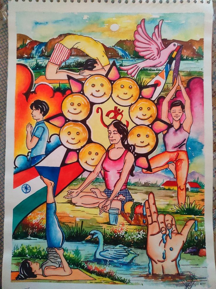 a painting with people doing yoga and birds flying above them on a sheet of paper