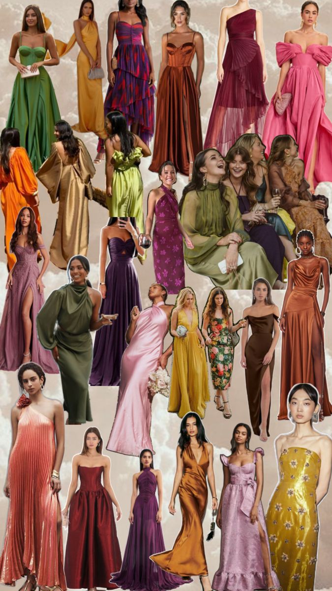 a collage of women in different dresses and hair styles, all dressed in various colors