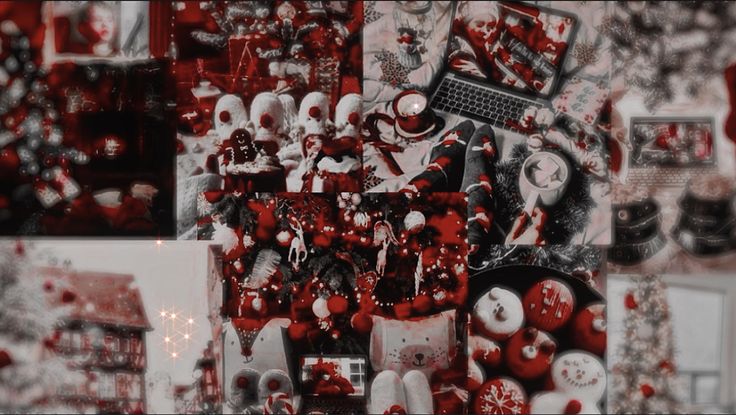 a collage of red and white objects with black and white images in the background