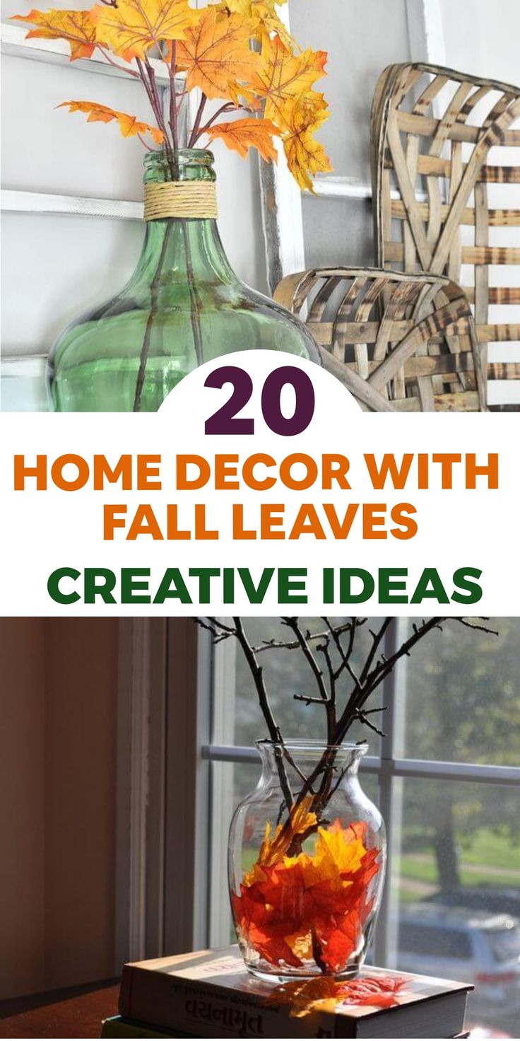 some vases filled with flowers and leaves on top of a table in front of a window