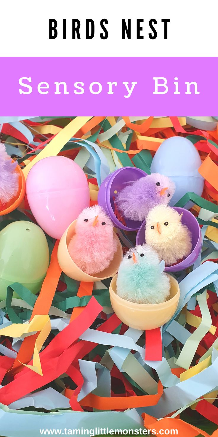 birds nest filled with easter eggs and colorful streamers in the background text reads, bird nest sensory bin