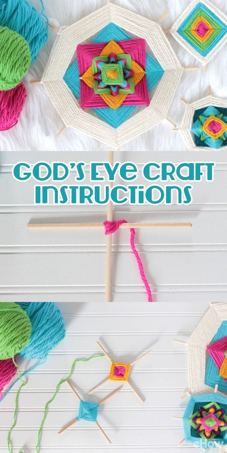 the cover of god's eye craft instruction book, with colorful yarns and crochet