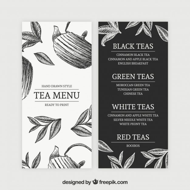 two black and white tea menus with leaves