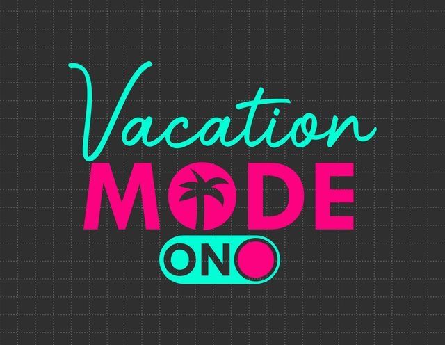 the words vacation mode on top of a black background with pink and blue letters that read vacation mode