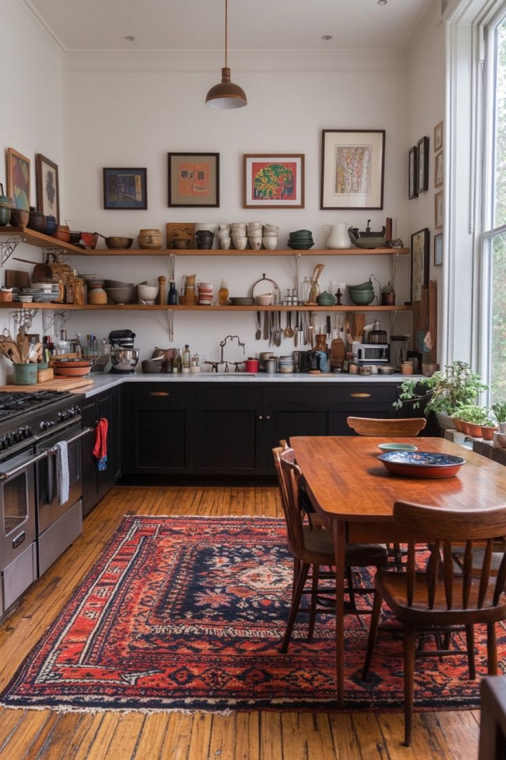 the kitchen is clean and ready to be used for cooking or dining, with many items on the shelves