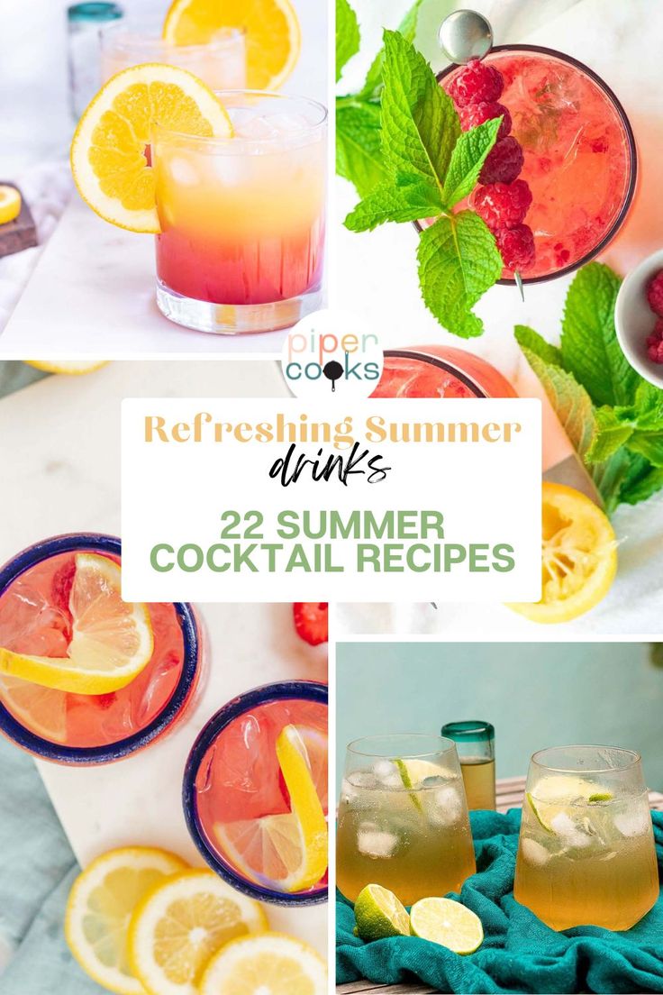 summer cocktails with lemon, raspberry and mint on the side are featured in this collage