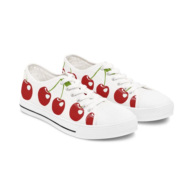 These cherry-themed sneakers are fun and stylish, perfect for someone who loves vibrant designs. They are great for casual wear and adding a pop of color to any outfit. Ideal for women who enjoy unique and playful accessories. Perfect for summer outfits, picnics, and casual outings.\n\nProduct features\n- Metal eyelets for secure shoe laces\n- Durable pleather round toe\n- Comfortable EVA sole for flexibility\n- Soft and comfortable 100% polyester canvas material\n- Breathable design with deodorant memory foam insoles\n\nCare instructions\n- To maintain clean, use warm water with dish soap to clean off any dirt spots. It's not necessary to soak the whole item. For hard-to-clean spots, use a soft-bristled brush.\n Cherry Shoes, Cherry Drop Earrings, Eva Sole, Womens Tie, Tie Shoes, Shoes Trainers, Canvas Material, Polyester Material, Womens Shoes Sneakers