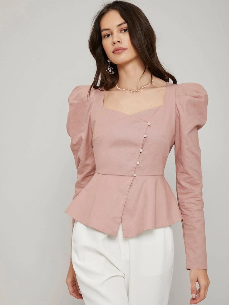 SHEIN Sweetheart Neck Gigot Sleeve Peplum Top | SHEIN USA Cotton Tops Designs, Sunday Clothes, Gigot Sleeve, Embroidered Tops, Blouse Casual Fashion, Stylish Short Dresses, Fashion Top Outfits, Fancy Tops, Trendy Tops For Women