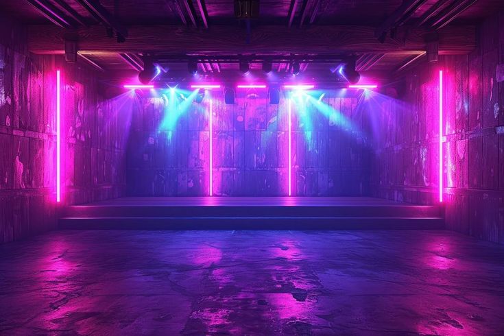 an empty stage with bright lights in the middle and purple lighting on the walls behind it