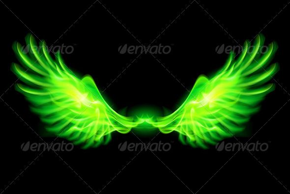 green fire wings on black background - stock photo - images gratifications and clippings