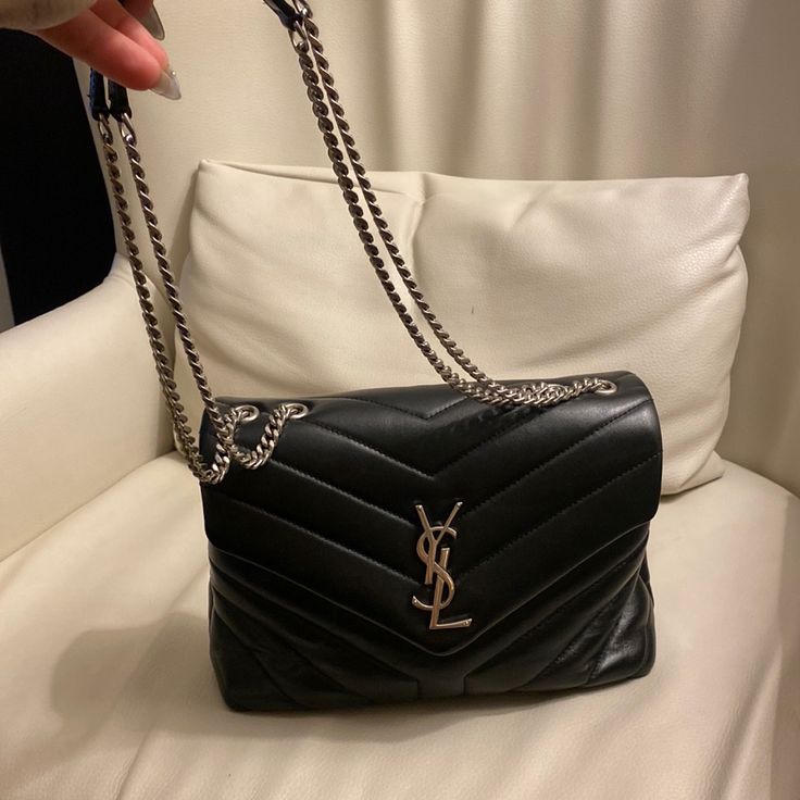 Ysl Medium Black Bag Like New. Worn A Few Times. Comes With Dust Bag. Ysl Lulu Bag, Ysl Black And Gold Bag, Black Designer Bag Aesthetic, Black Handbags For Women, Ysl Black Purse, Ysl Bags Aesthetic, Ysl Black Large Bag, Prom Bag Black, Yves Saint Laurent Bag Outfit