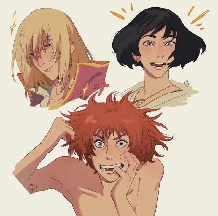 three anime characters with different facial expressions on their faces, one is shirtless and the other has short hair