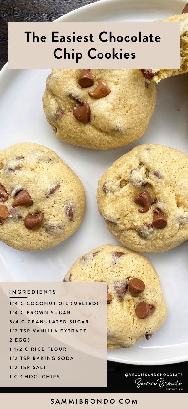 chocolate chip cookies on a white plate with text overlay that reads the easiest chocolate chip cookies