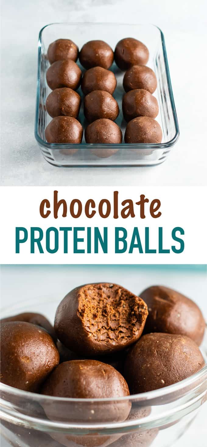 chocolate protein balls in a glass bowl with text overlay