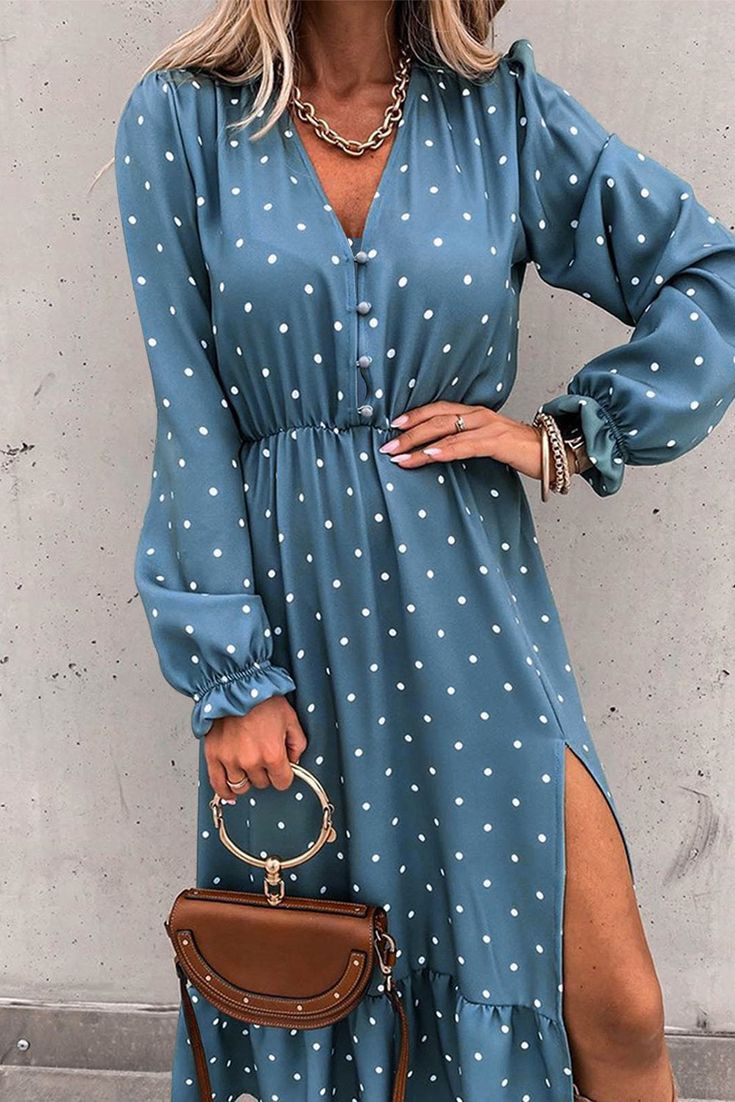 Blue Button Polka Dot High Slit Ruffled Long Sleeve Midi Dress Womens Polka Dot Dress, Ruffled Midi Dress, Midi Dress Chic, Midi Ruffle Dress, Ruffle Long Sleeve, Linnet, Long Sleeve Midi, Blue Midi Dress, Long Sleeve Midi Dress