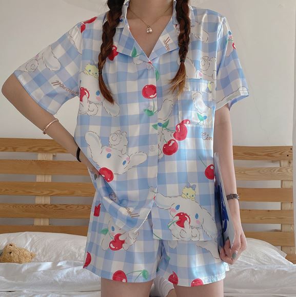 Kawaii Summer Pajama Party Sleepwear, Kawaii Cotton Sleepwear For Summer, Kawaii Summer Sleepwear For Pajama Party, Kawaii Sleepwear For Summer Pajama Party, Kawaii Pajama Party Sets For Summer, Kawaii Sets For Pajama Party In Summer, Cute Light Blue Sleepwear For Spring, Cute Light Blue Cotton Sleepwear, Gingham Sleepwear For Spring Bedtime