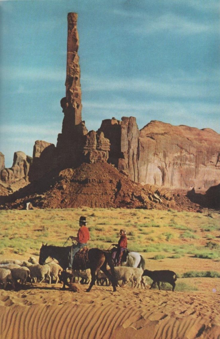 two men on horses herding sheep in the desert with an obelisk in the background