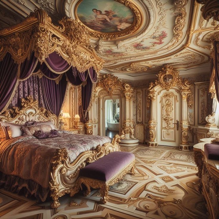 an ornate bedroom with gold and purple decor on the walls, flooring and ceiling