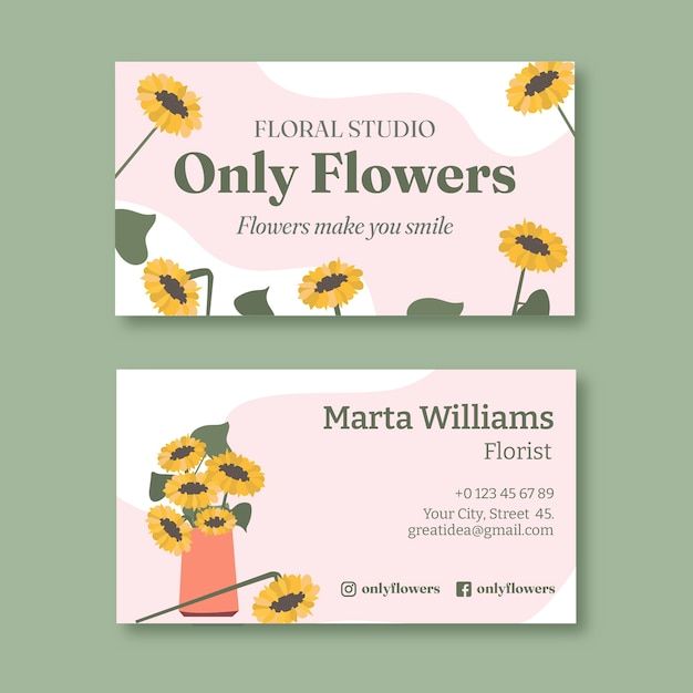 two business cards with sunflowers on the front and back, one for flowers