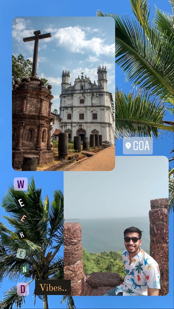 a collage of photos showing the architecture of an old church, palm trees and a man in sunglasses