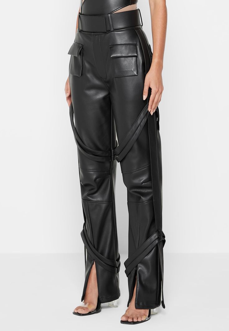 Vegan Leather Carpenter Cargo Trousers - Black | Manière De Voir USA Carpenter Belt, Going Out Style, Black Vegan, The Invisible, Cargo Trousers, High Waisted Pants, Trousers Women, Fashion Inspiration, Vegan Leather