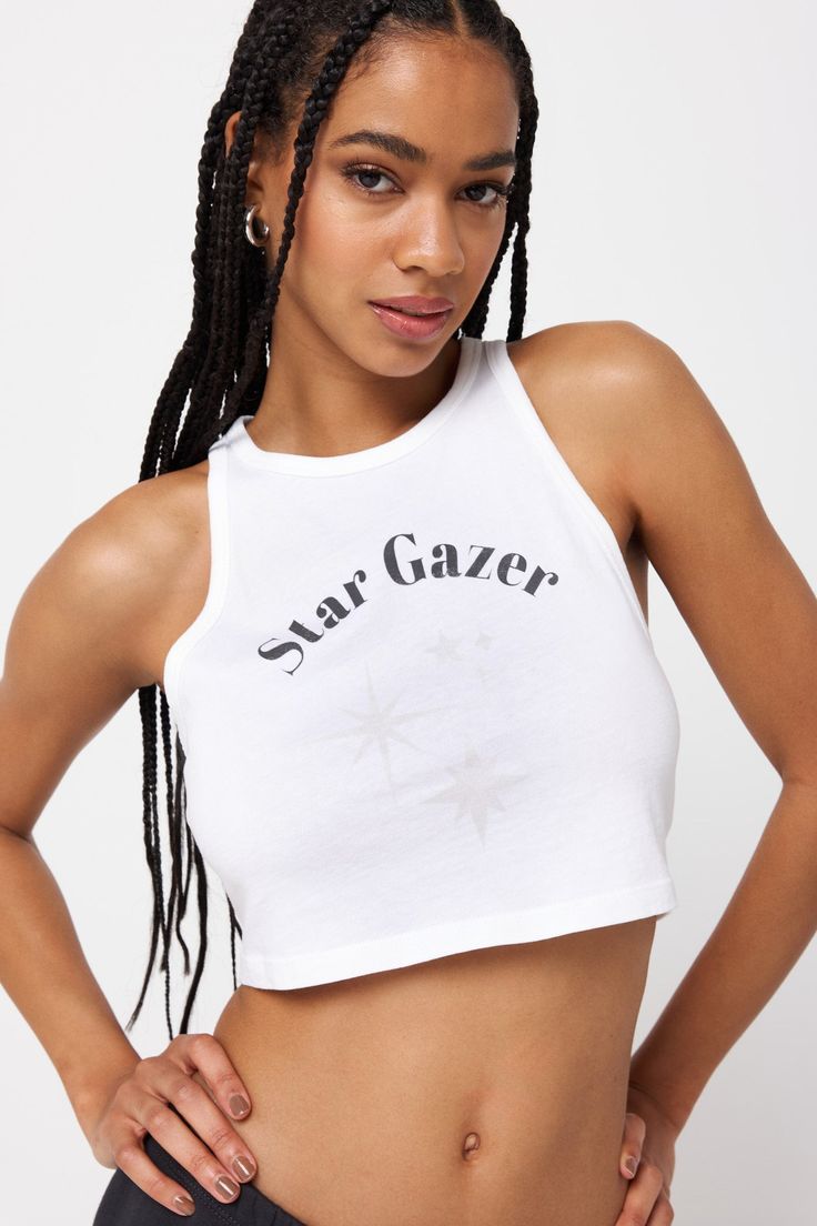 Shoot for the stars. A Crop length, fitted, high neckline tank with interior bra layer. Made in our favorite Jersey recycled cotton fabrication. This is our most sustainable jersey, with a softener wash added to make it extra luxurious. | Star Gazer Sienna Crop Tank Top in White Shoot For The Stars, Yoga Travel, Rainbow Shop, Spiritual Gangster, Crop Tank Top, Mens Essentials, High Neckline, Crop Tank, Tank Dress