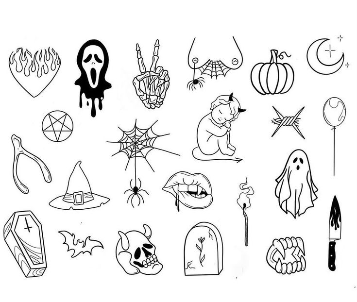 various halloween tattoos on white paper with pumpkins and ghost's head in the background