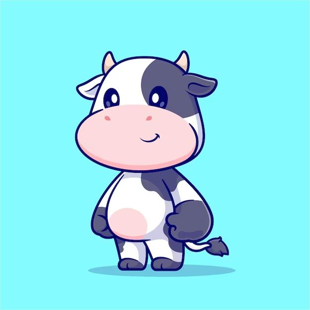 a cartoon cow standing with its legs crossed and eyes wide open on a blue background