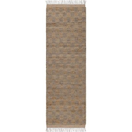 a beige and brown rug with fringes on the bottom, in front of a white background