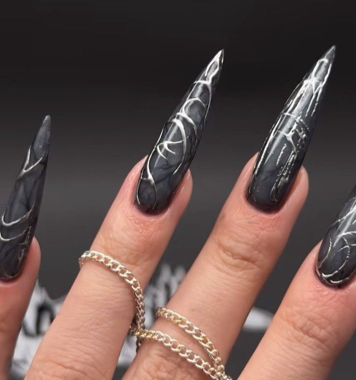 Black Pointed Nails, Point Nails, Black Stiletto Nails, Stiletto Nail Art, Punk Nails, Gothic Nails, Edgy Nails, Nine Inch Nails, Goth Nails