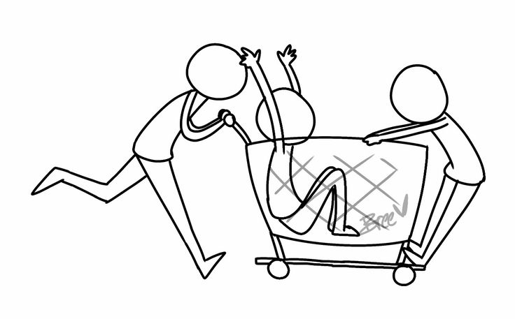 a drawing of two people pushing a shopping cart