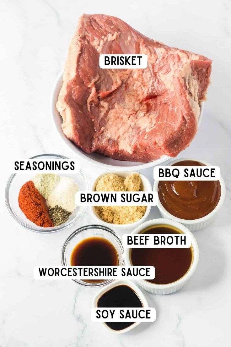 the ingredients to make beef sauce are shown in bowls on a marble counter top, including meat