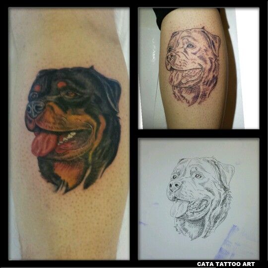 four different pictures of dogs and their faces on the side of a woman's leg