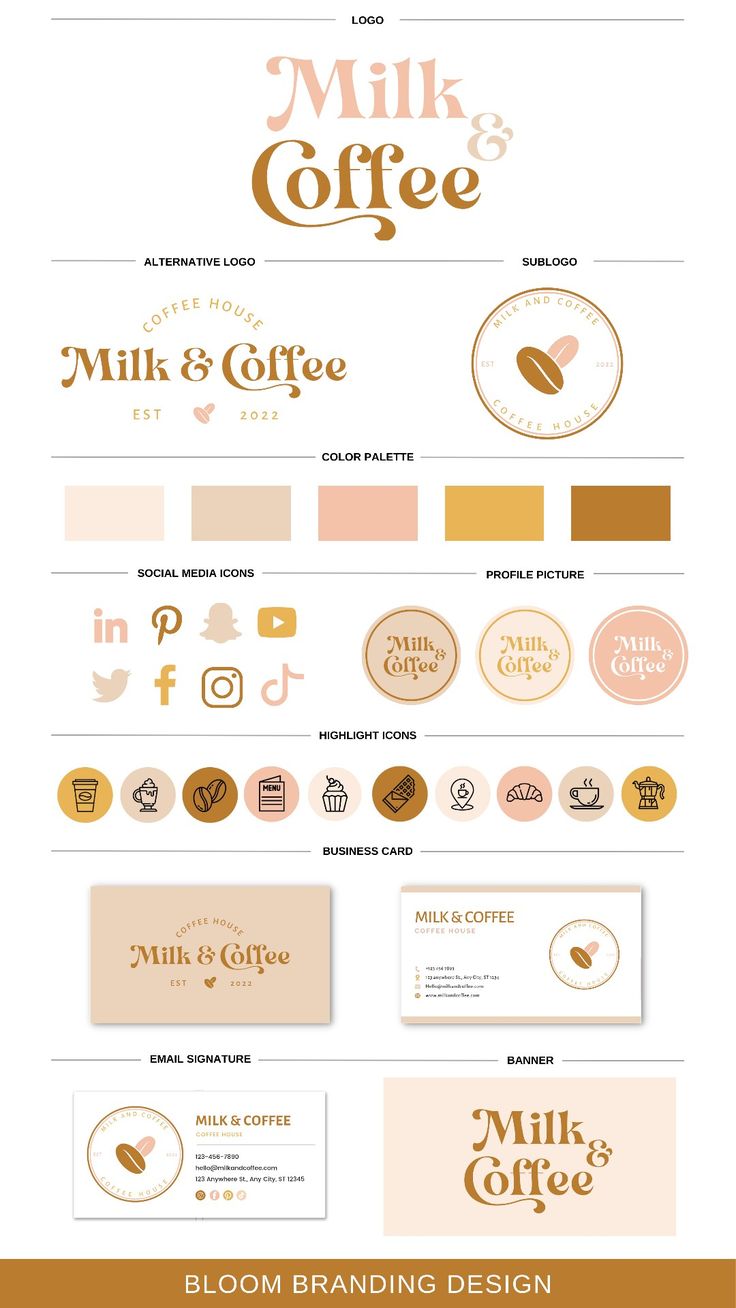 Milk & Coffee Logo - modern logo Brand Kit Examples, Branding Package Template, Business Branding Template, Patisserie Branding Visual Identity, Brand Package Template, Brand Identity Kit Template, Canva Brand Kit Colors, Brand Sheet Style Guides, Brand Design Package