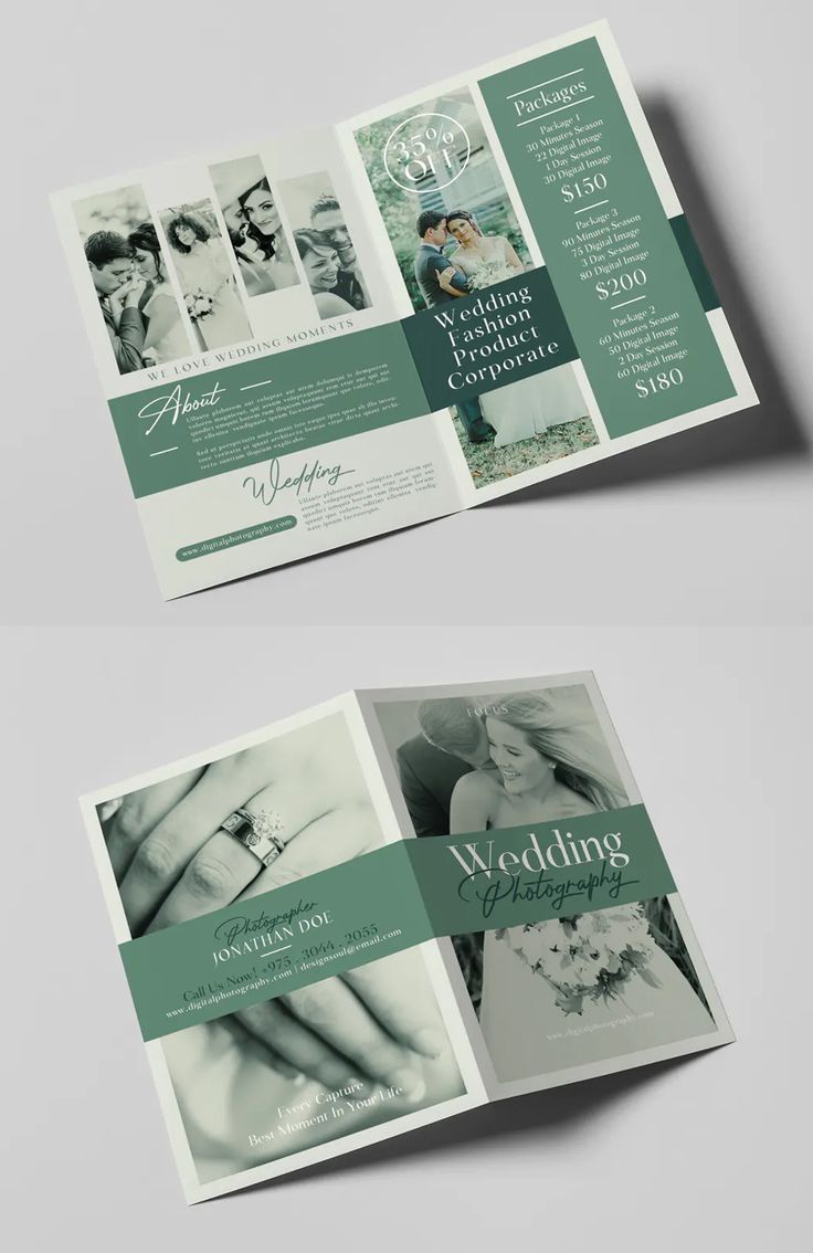 the wedding brochure is open and ready to be used as a flyer or pamphlet