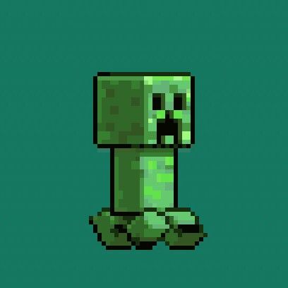 an old school computer game character with a pixel head and green eyes, sitting on the ground