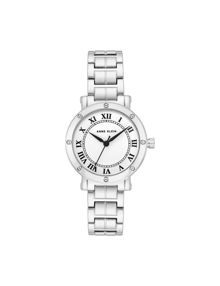 Anne Klein Silver- Tone Roman Numeral Dial Bracelet Watch White Timeless Watch With Metal Dial, Elegant White Stainless Steel Watch Accessories, Classic White Watches With Metal Dial, Classic White Watch With Metal Dial, Classic White Diamond Analog Watch, White Timeless Watch Accessories With Metal Dial, Elegant White Watches With Metal Dial, Classic White Watches With Bracelet Strap, Timeless White Stainless Steel Watch Accessories