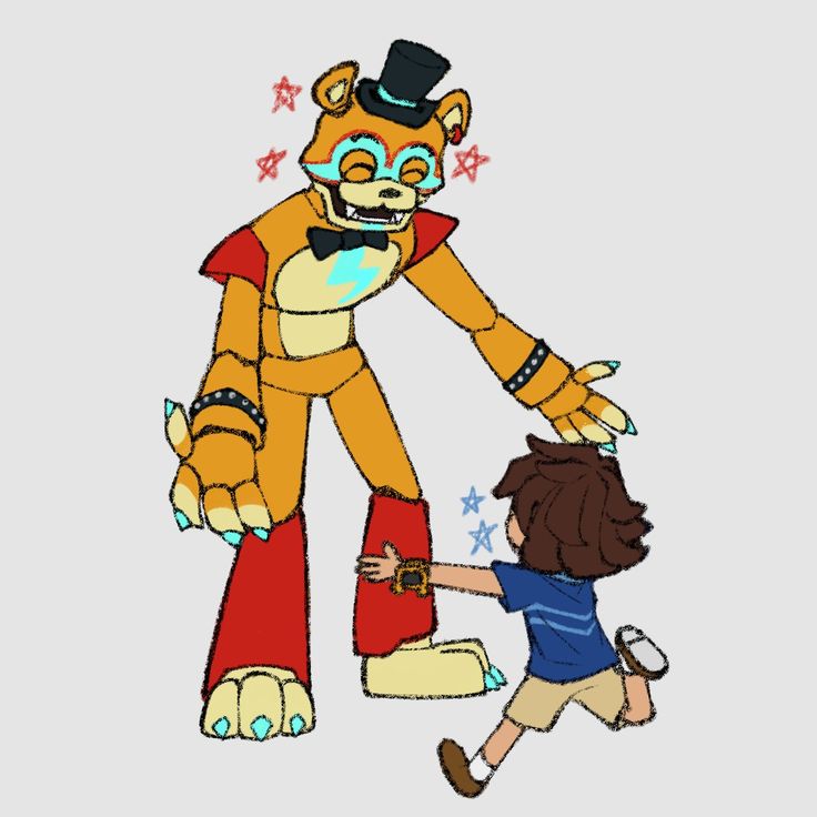 a drawing of a person holding the hand of a large cartoon character that appears to be an animal